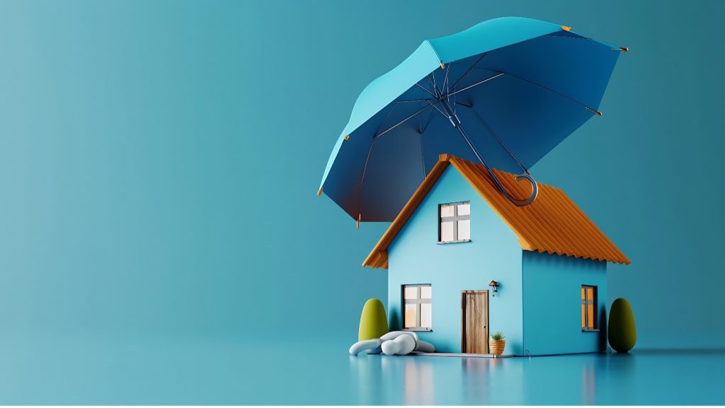 Model of small blue house with a blue umbrella over it against a blue background