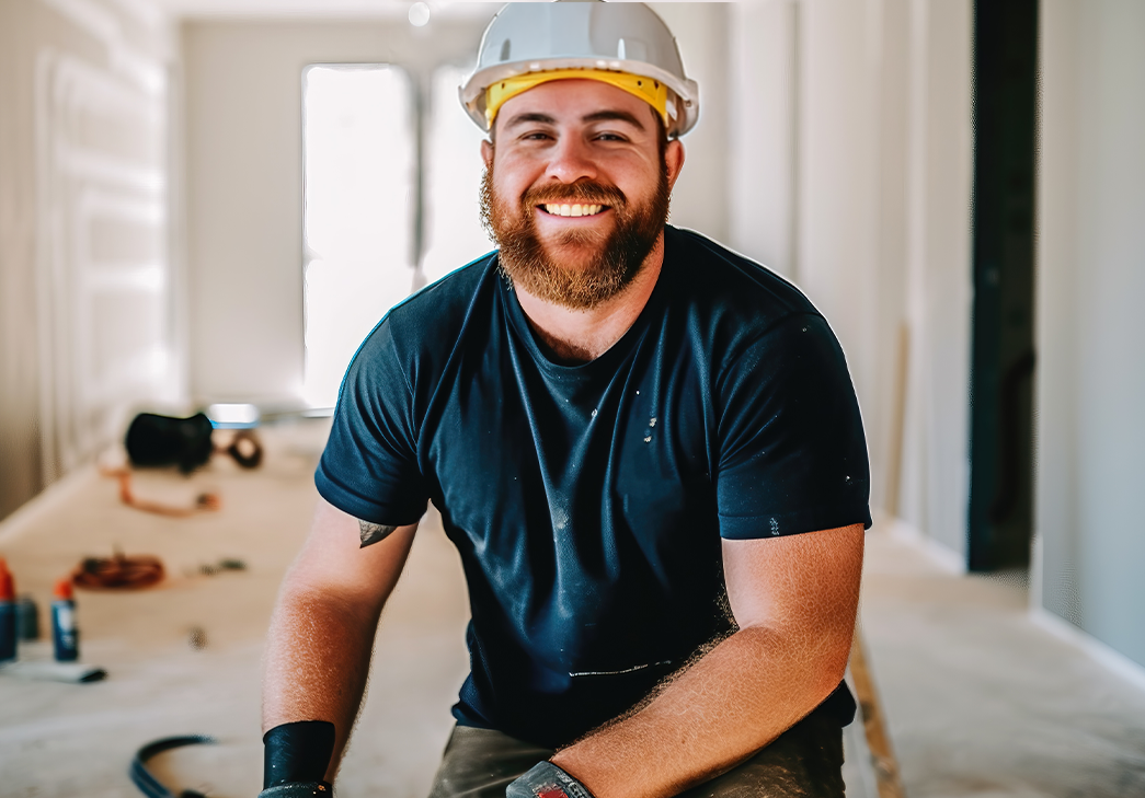 young contractor crouching on worksite and smiling with hardhat